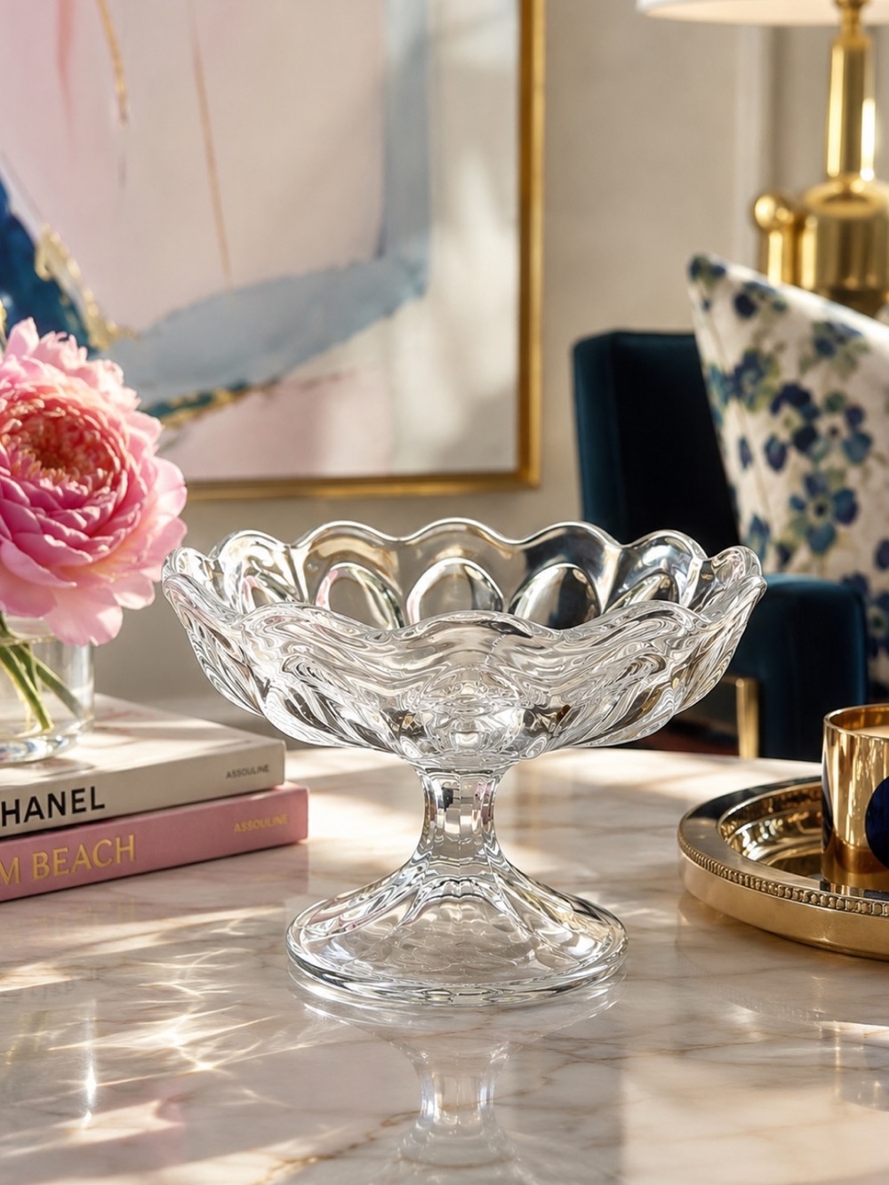 Vintage Clear Glass Footed Compote Bowl Paneled Candy Dish Ruffled Scalloped Rim